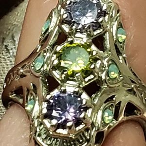 💜💚 Silver Ring Sz 8 Amethyst, Peridot & Opal
